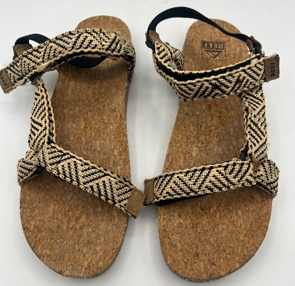 Reef Womens Size 10 Strappy Sandals Black Tan Woven Cork Footbed Adjustable